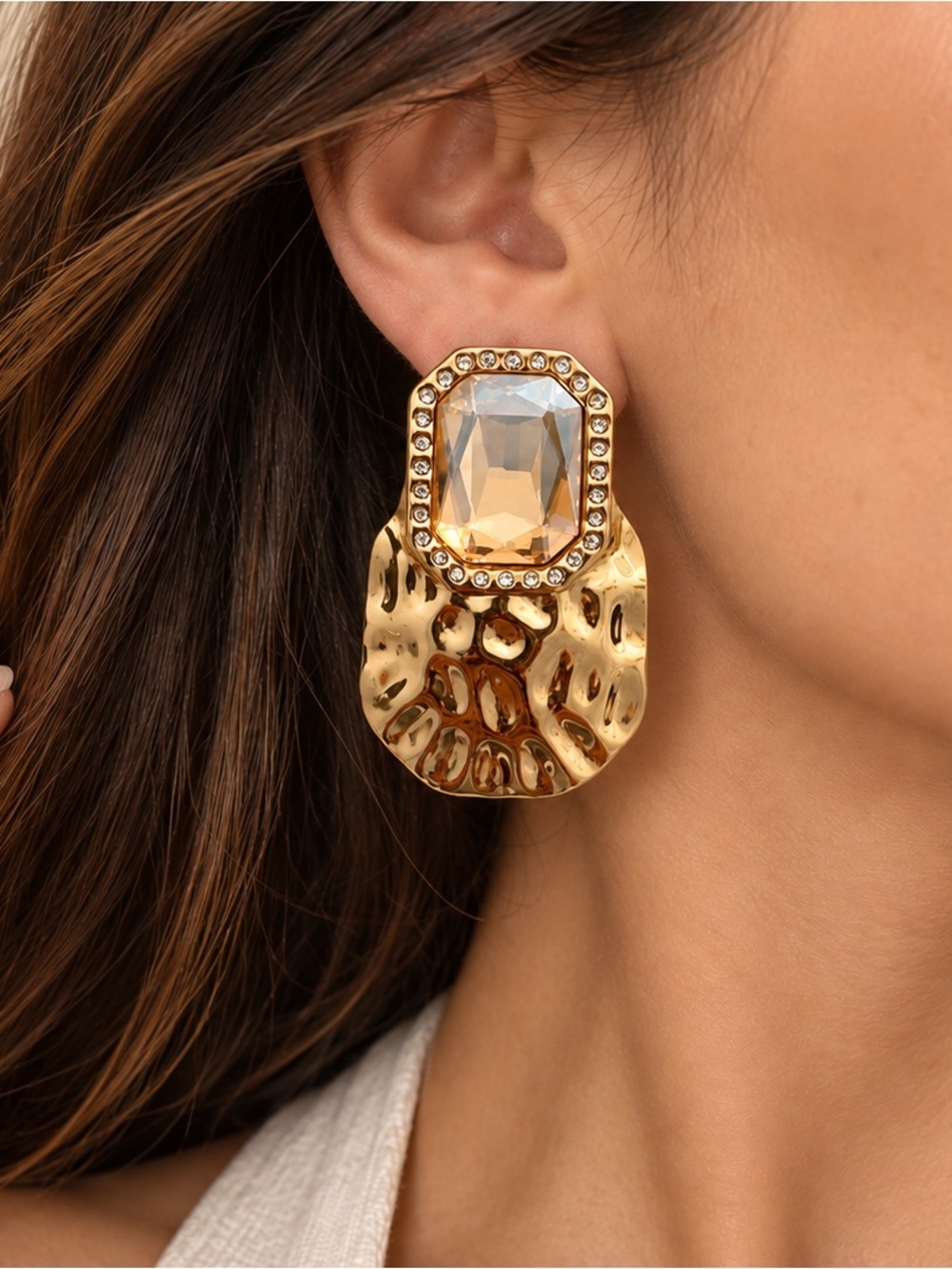 Gold Hammered Drop Earrings with Champagne Crystal